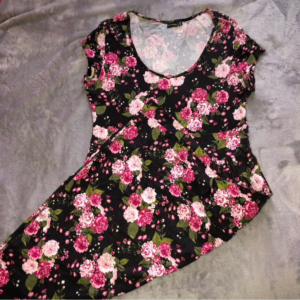 Floral black pink summer short sleeve midi  dress
